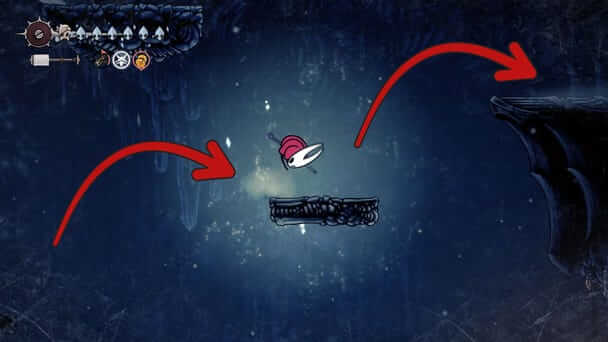 Climbing above Shakra's position showing platform route in Mount Fay Silksong